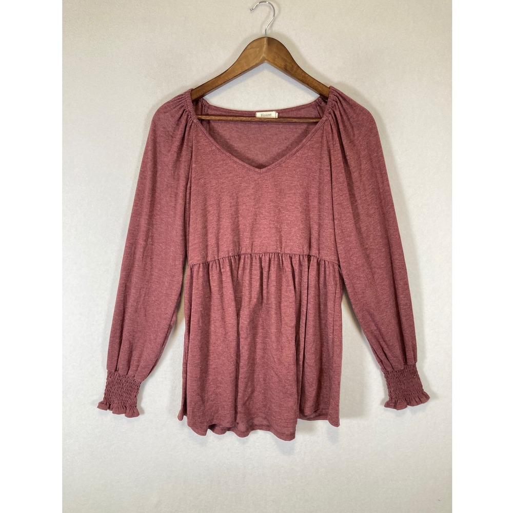 Boho Hount Women Medium Mauve Smocked Cuff Babydoll Tunic Top Long Sleeve V-Neck